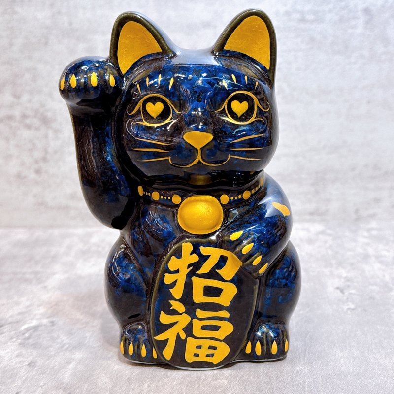 【金心迎喜】日本清水烧招财猫 | 青墨 金彩心 - 招福 右 - 摆饰 - 瓷 蓝色
