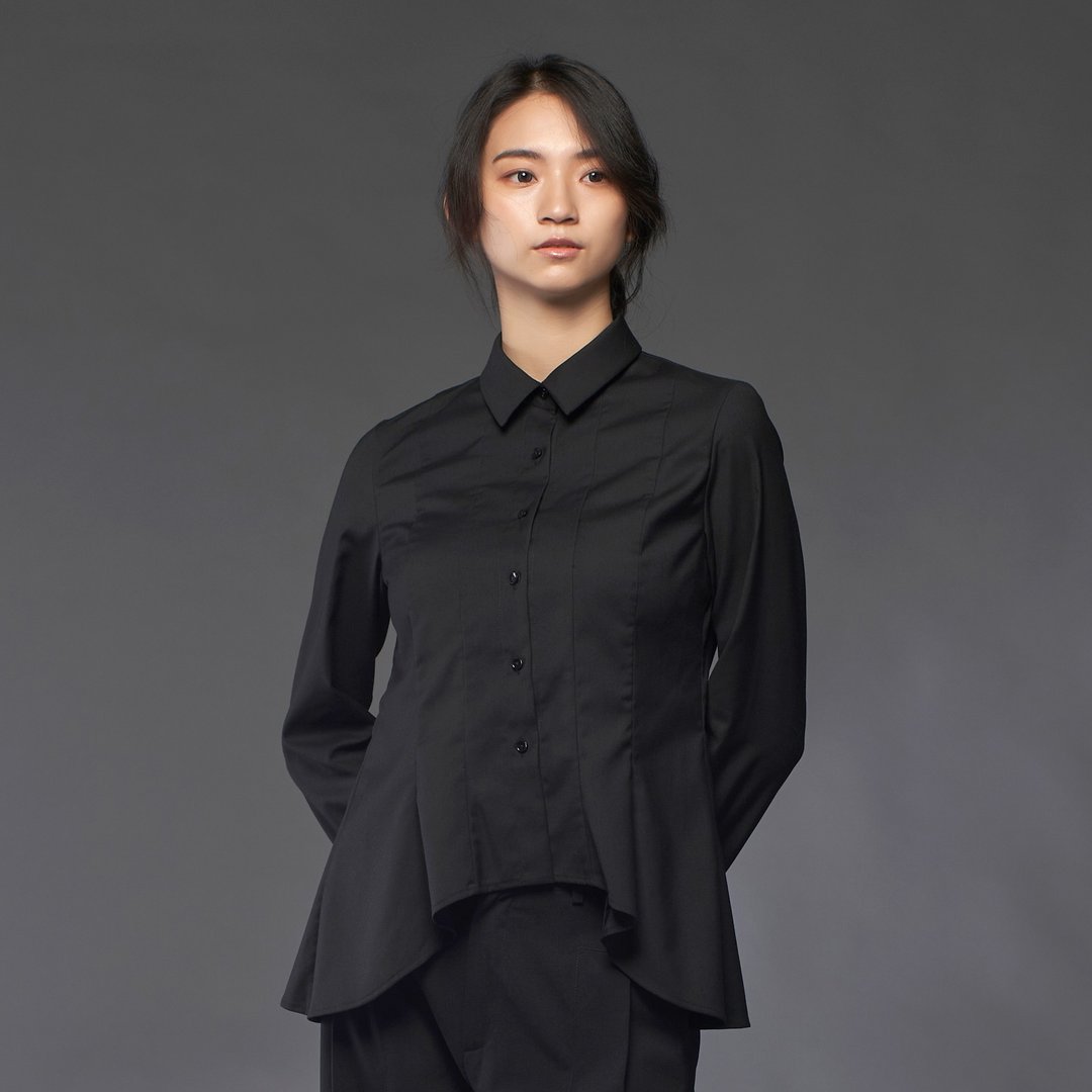 黑色弧形剪裁伞状衬衫 - 女装衬衫 - 聚酯纤维 黑色