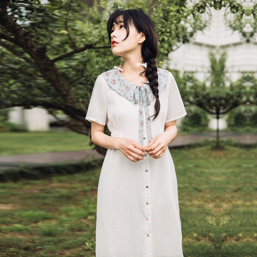 安妮陈夏装2017新款女士碎花拼接长款连身裙洋装 - 洋装/连衣裙 - 聚酯纤维 白色