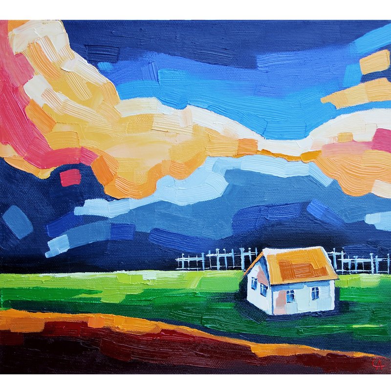 Evening Landscape Handmade Painting Rustic Original Art Impasto Artwork - 海报/装饰画/版画 - 其他材质 蓝色