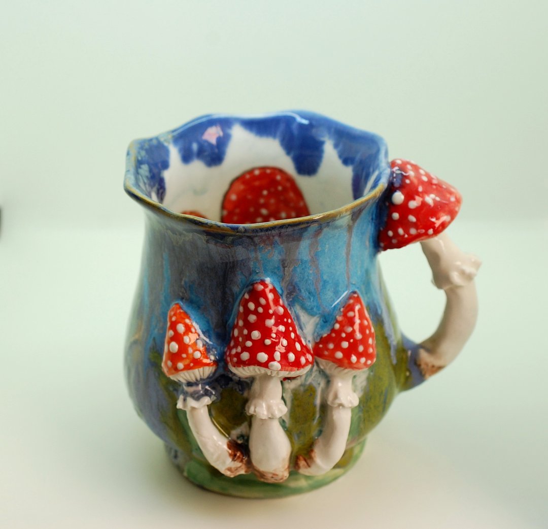Mushrooms Mug Painting inside cup Multicolored Art Mug - 咖啡杯/马克杯 - 陶 多色