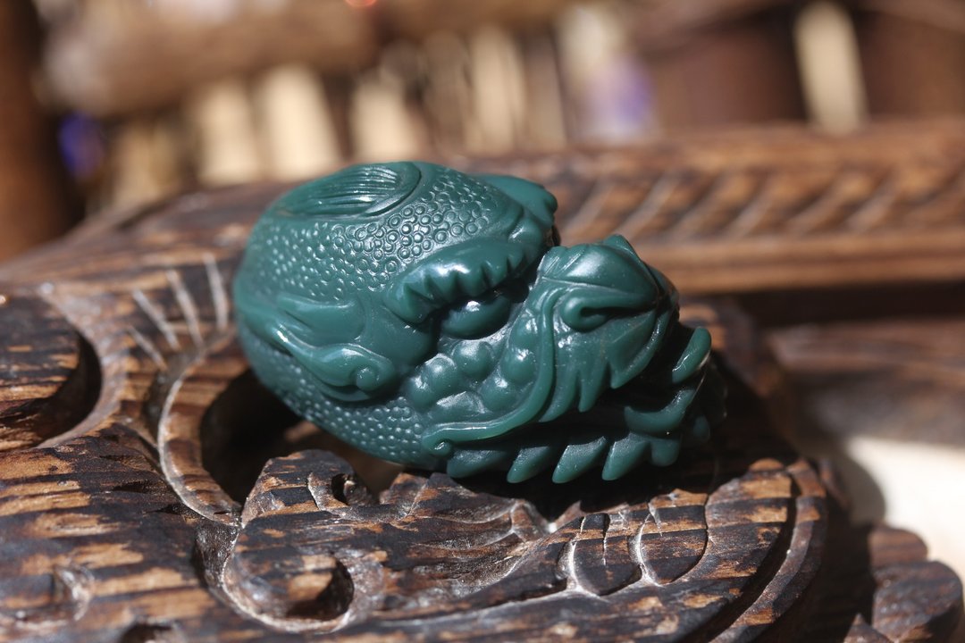 天然阿拉善玛瑙玉雕龙头挂件雕刻瑞兽龙头风水光招財纳福项链 - 项链 - 玉石 绿色