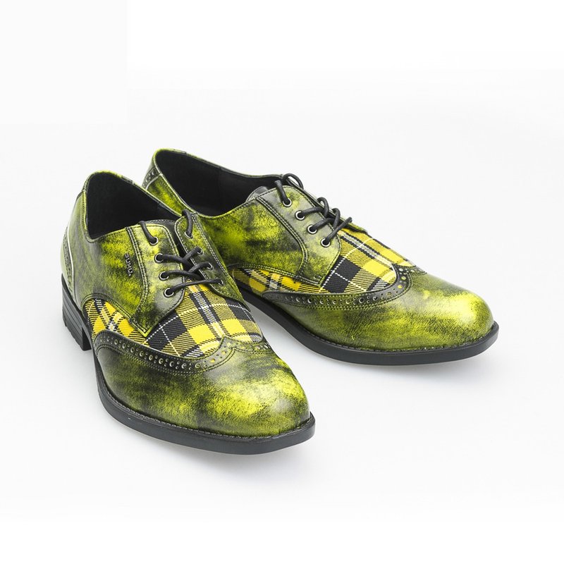 MIT 【牛皮格纹拼接轻量绅仕皮鞋-黄】绅士鞋 德比鞋  英伦风皮鞋 - 男款皮鞋 - 人造皮革 黄色