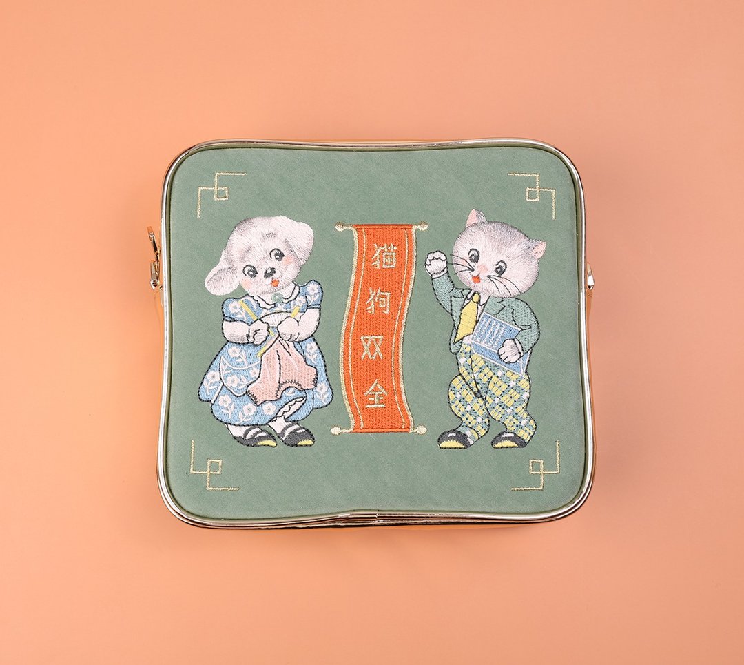 NoMatch不合设计复古猫狗双全插画昭和风浅金镜面超纤两用小挎包 - 侧背包/斜挎包 - 人造皮革 金色