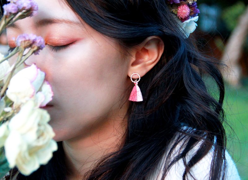 小行星流苏系列 - 慧星 - 925纯银手作耳环 银饰 礼物 包装 - 耳环/耳夹 - 其他金属 粉红色