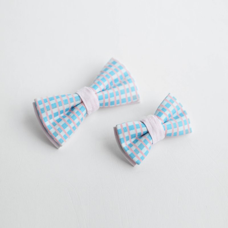 浅蓝色格子图案蝴蝶结 - 项圈/牵绳 - 棉．麻 橘色