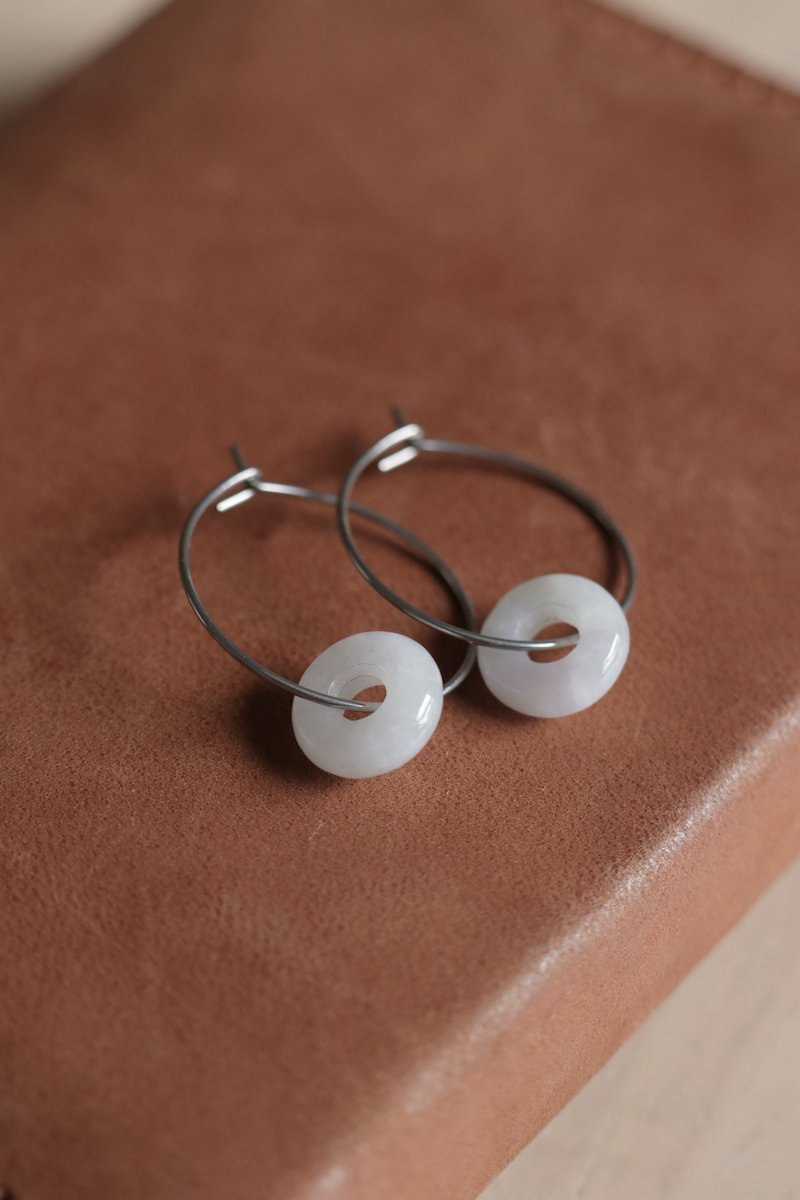 缅甸玉抗敏钢细圈耳环 - 耳环/耳夹 - 玉石 绿色