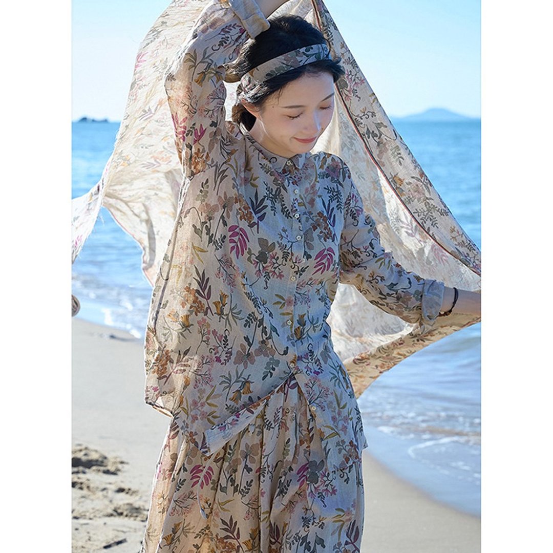 麻系碎花纯亚麻轻盈透气小翻领衬衫 - 女装衬衫 - 棉 
