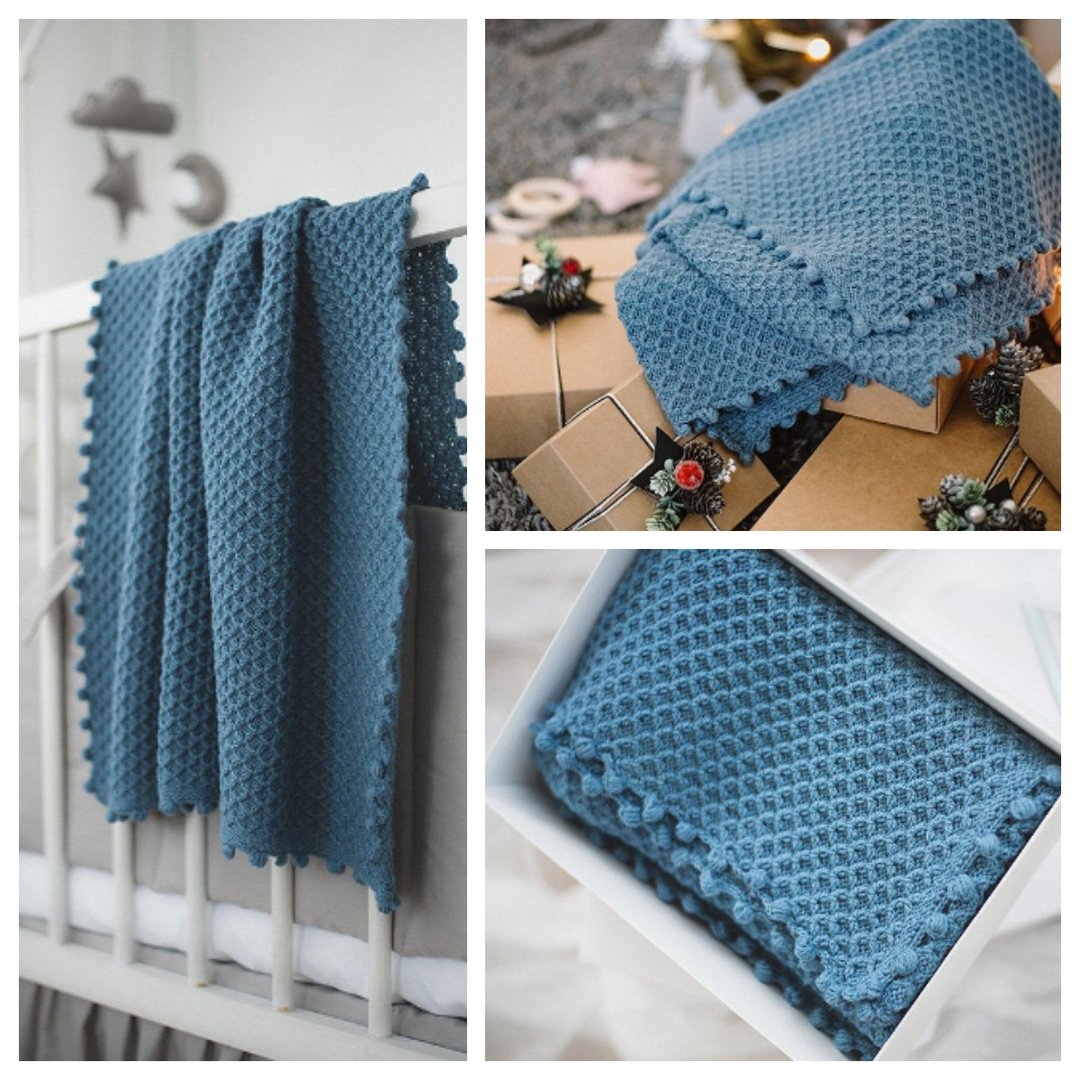 Jeans blue soft knitted woolen blanket - alpaca and sheep wool baby blanket - 婴儿床上用品 - 棉 蓝色
