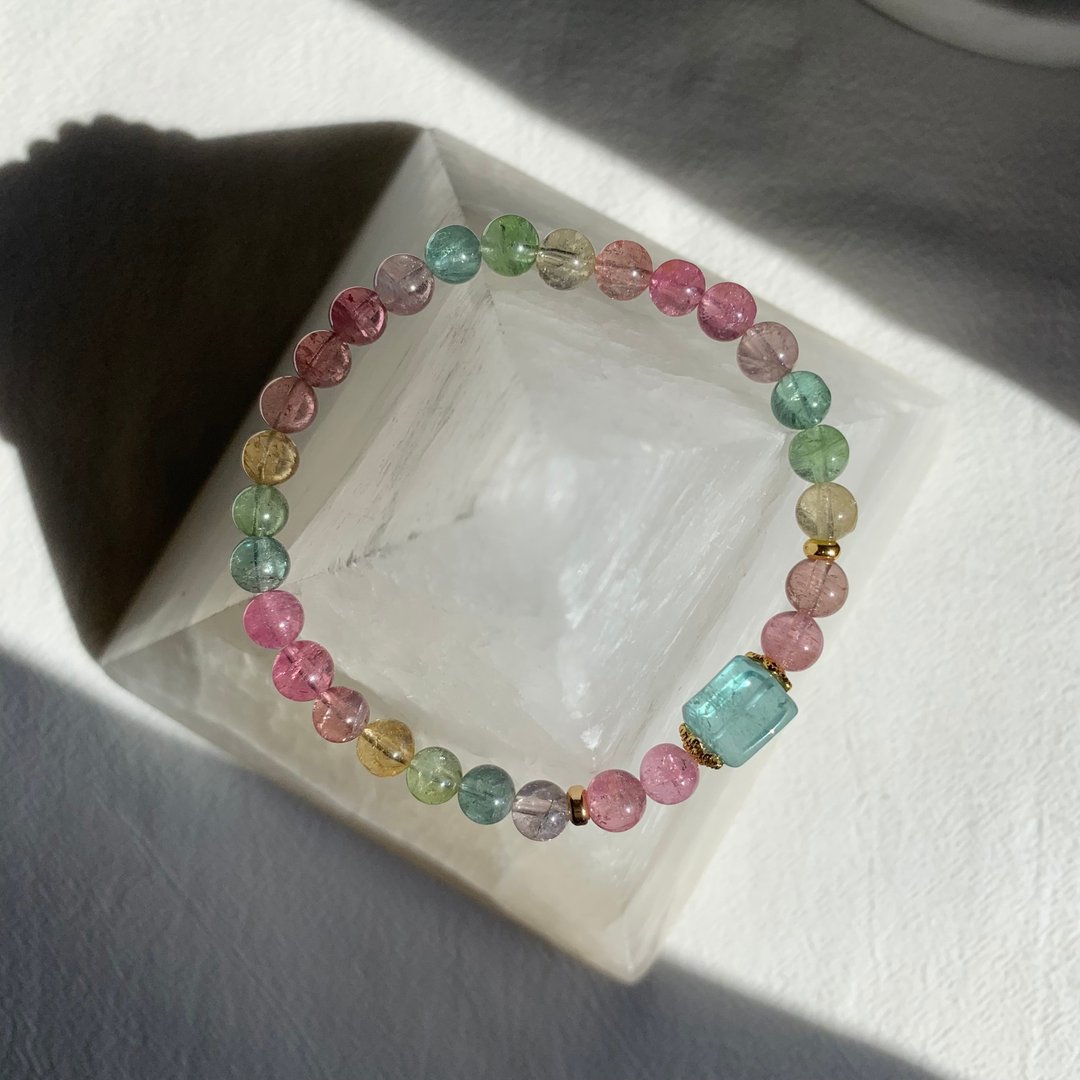 糖果色系 甜美彩虹配天空蓝原石碧玺手链 天然水晶设计 - 手链/手环 - 半宝石 多色
