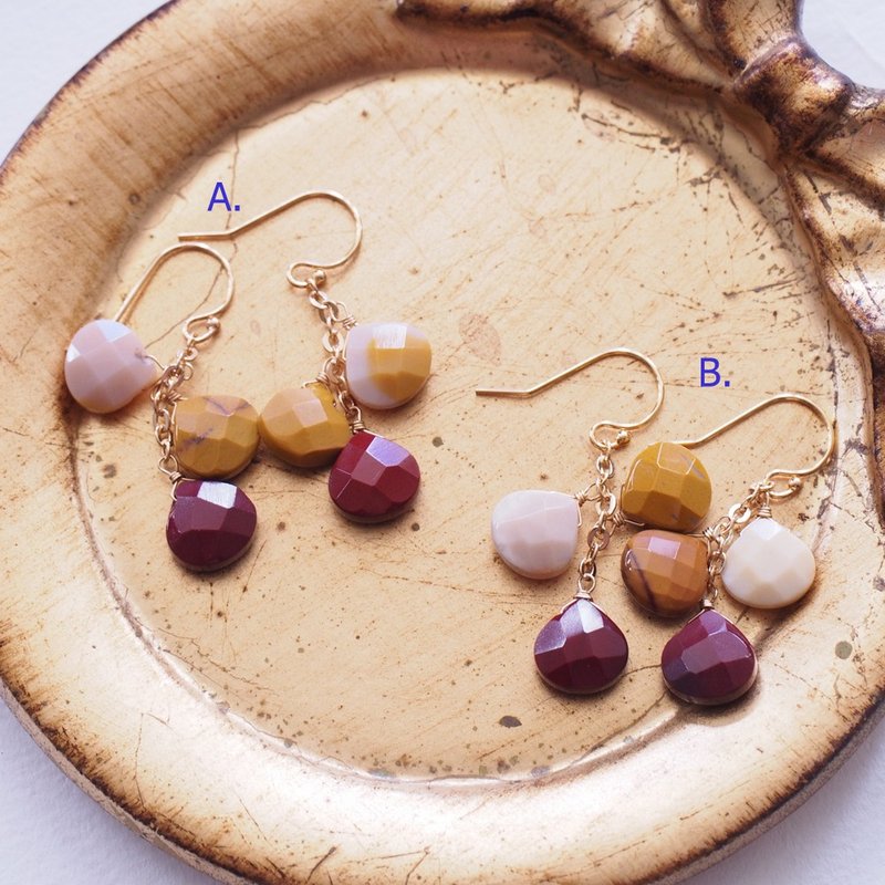 天然澳洲莫哥石 摩卡石 蛋黄石14KGF 包金耳环 Mookaite earrings - 耳环/耳夹 - 半宝石 多色