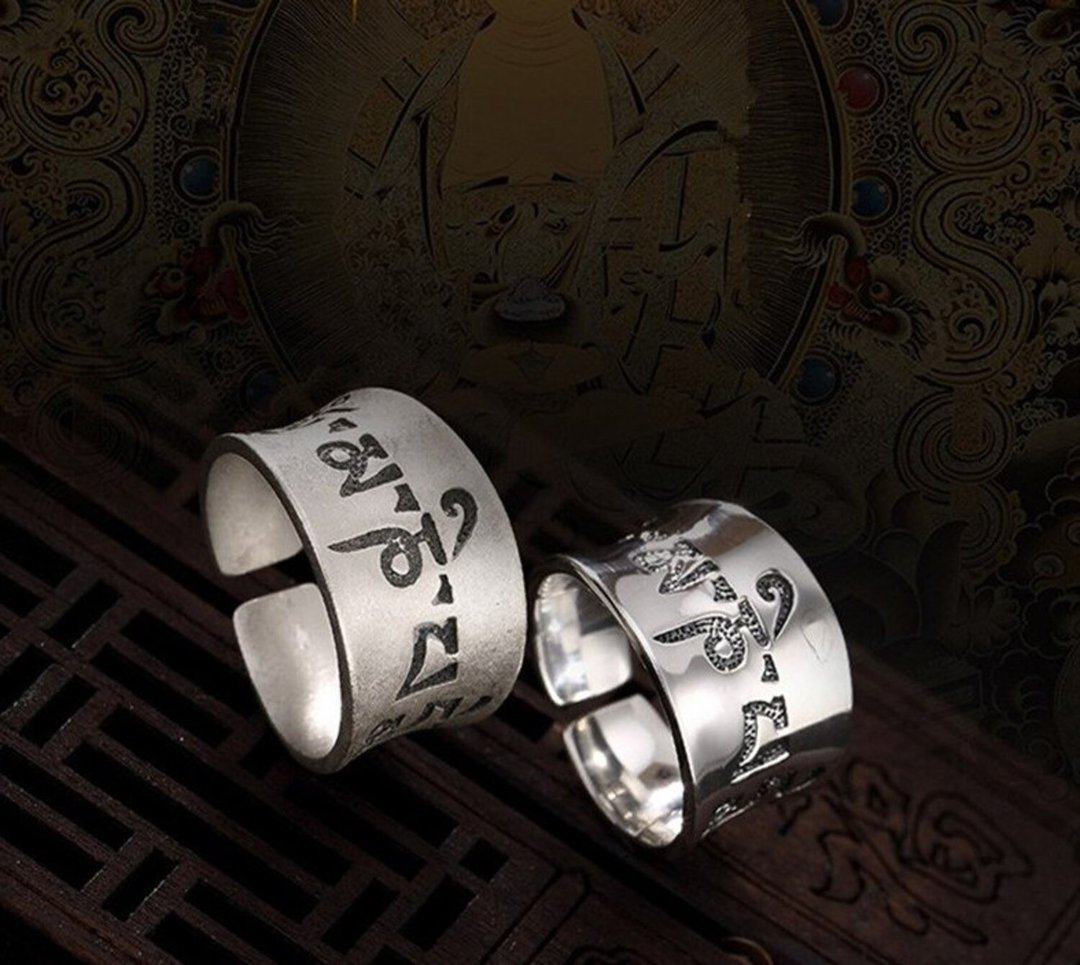 Real 990 Fine Silver Buddhism Mantra Finger Rings Unisex Wide Opening Rings Men - 戒指 - 银 银色