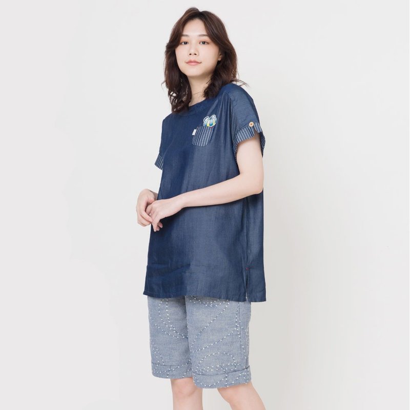 天丝棉绣标棉衫(深蓝) - 女装上衣 - 棉．麻 蓝色