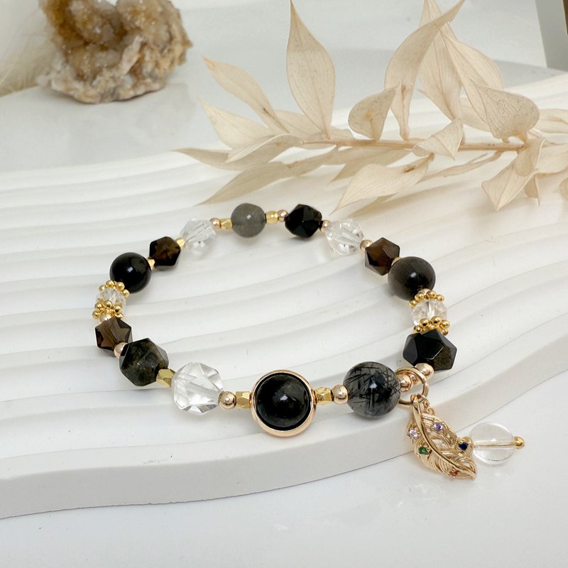 一叶致富/平安招财-黑曜金叶子水晶手链 - 手链/手环 - 水晶 