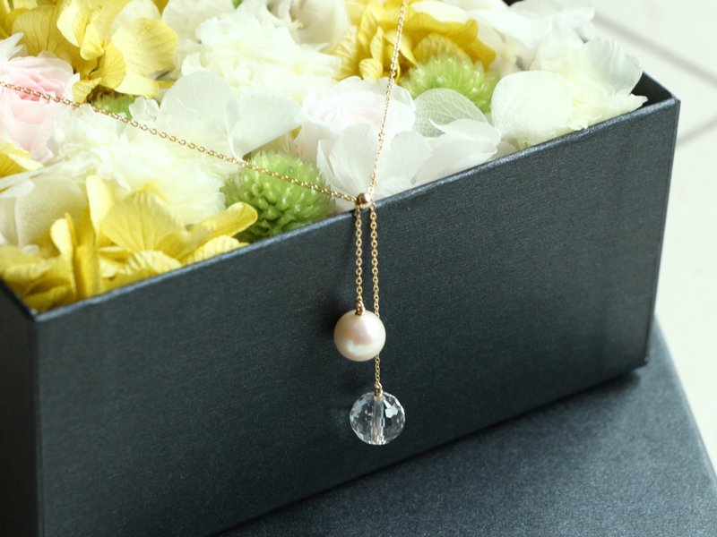 14kgf-pearl × crystal twin necklace - 耳环/耳夹 - 其他金属 白色