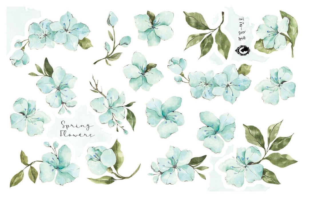 春日花语 - 薄荷 - 纸质 / 白墨 PET (蓝狮子) (suyeon) - 贴纸 - 纸 蓝色