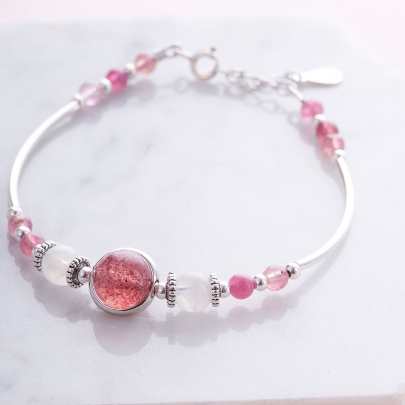 草莓晶月光石手链 | 925纯银 | 天然水晶月亮石定制手环礼物 - 手链/手环 - 半宝石 粉红色