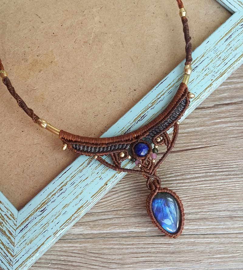N142 波希米亚风 民族风 南美蜡线编织拉长石黄铜珠项链 - 项链 - 其他材质 咖啡色