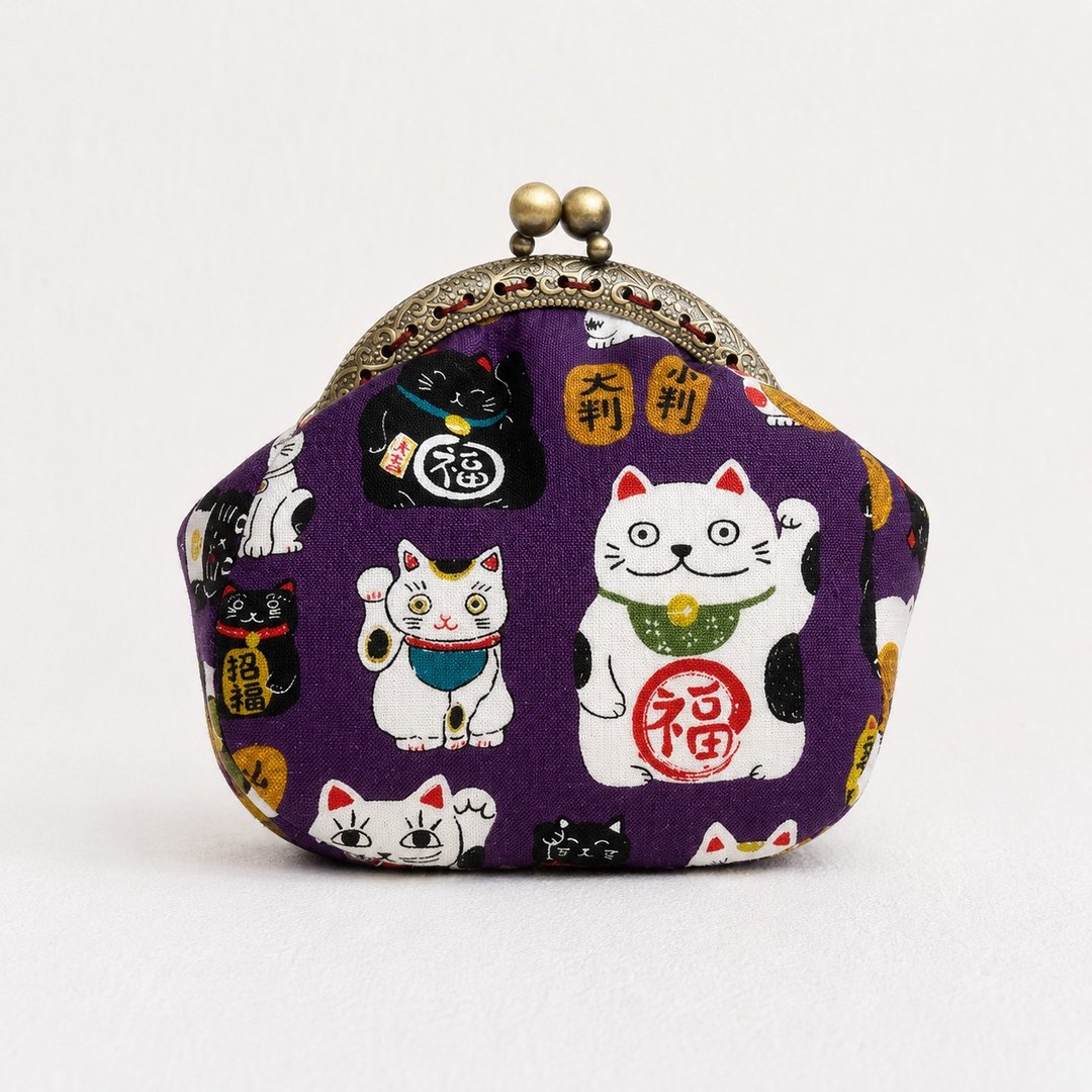 招财猫猫 - 手缝口金零钱包 - 零钱包 - 棉 紫色
