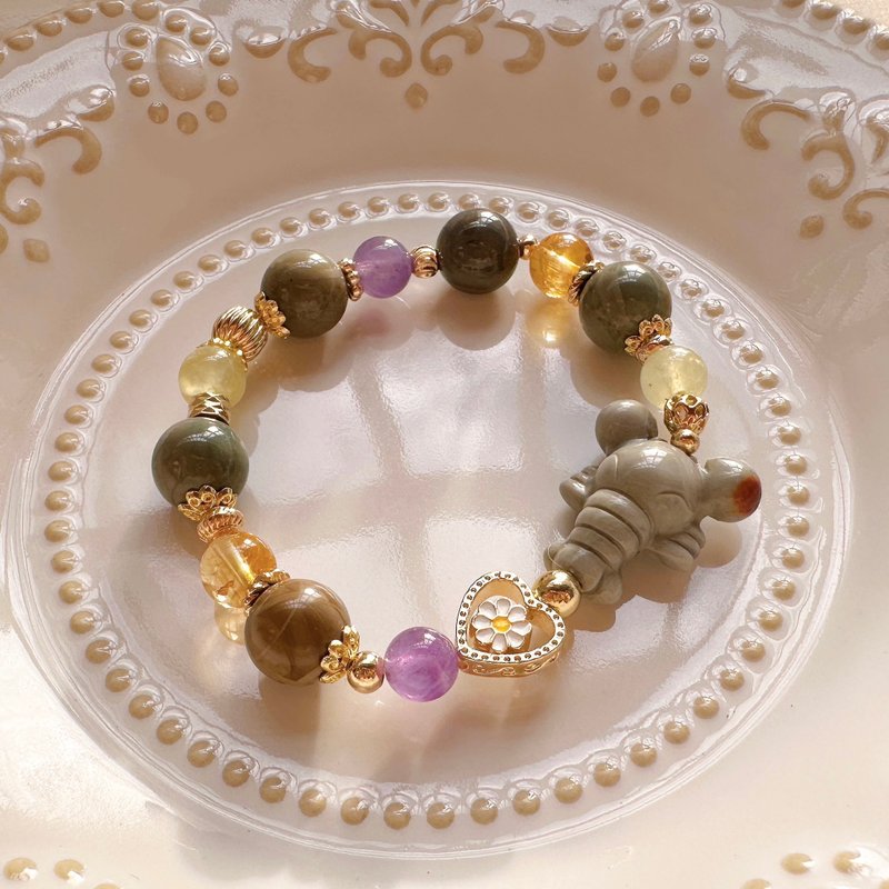 龙虾手链 阿拉善 乌拉圭紫水晶 黄水晶 金葡萄石 右钳橘红圆色块 - 手链/手环 - 半宝石 灰色