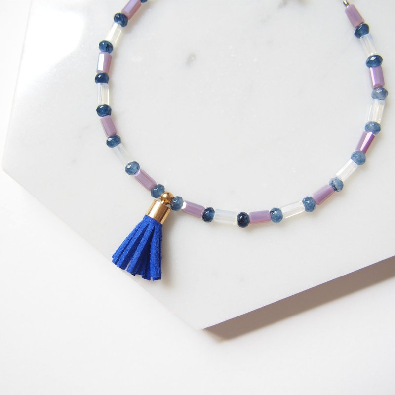蓝色流苏 • 紫白管珠 • 天然石 • 手链手环 • 礼物 - 手链/手环 - 宝石 蓝色