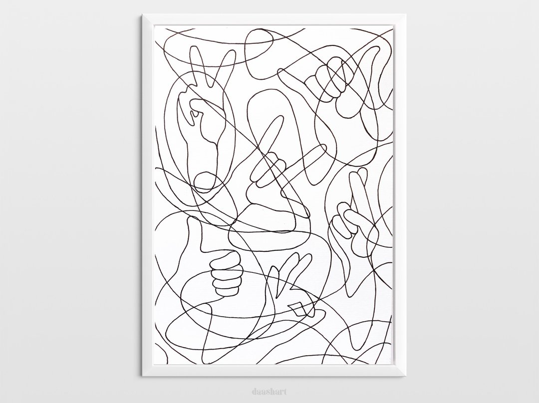 Black and white abstract hands original artwork lines drawing modern poster - 海报/装饰画/版画 - 纸 黑色