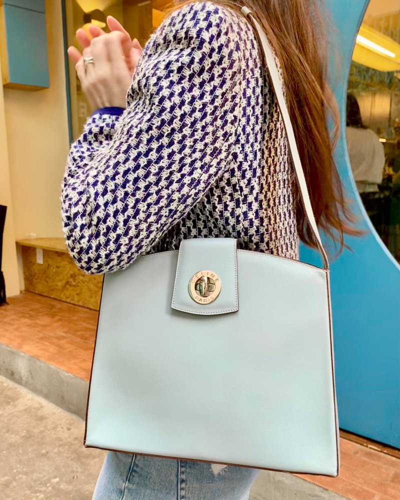 复古 CELINE 浅蓝色皮革转扣银饰单肩包 - 手提包/手提袋 - 真皮 蓝色