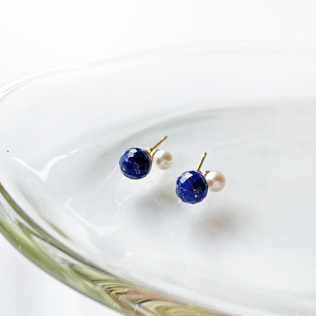 [Lapis Lazuli x Freshwater Pearl] Double Stone 2WAY Earrings - 耳环/耳夹 - 半宝石 蓝色