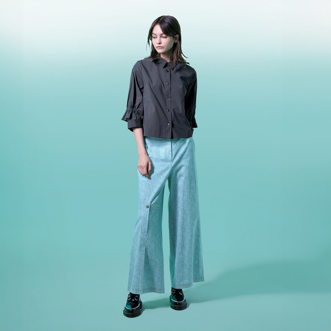 开襟解构单开衩宽裤 - 女装长裤 - 棉．麻 绿色