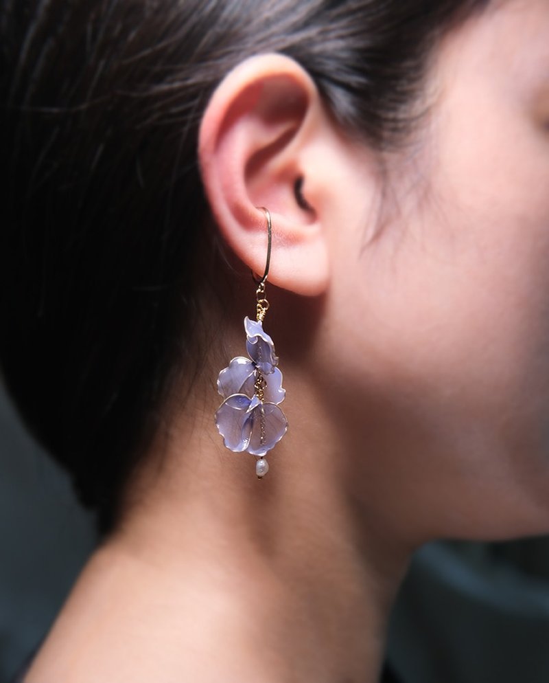 绽放之时 / 腕豆花 / 手工百搭珍珠长耳环耳挂 / 紫 / 无耳洞可 - 耳环/耳夹 - 树脂 紫色