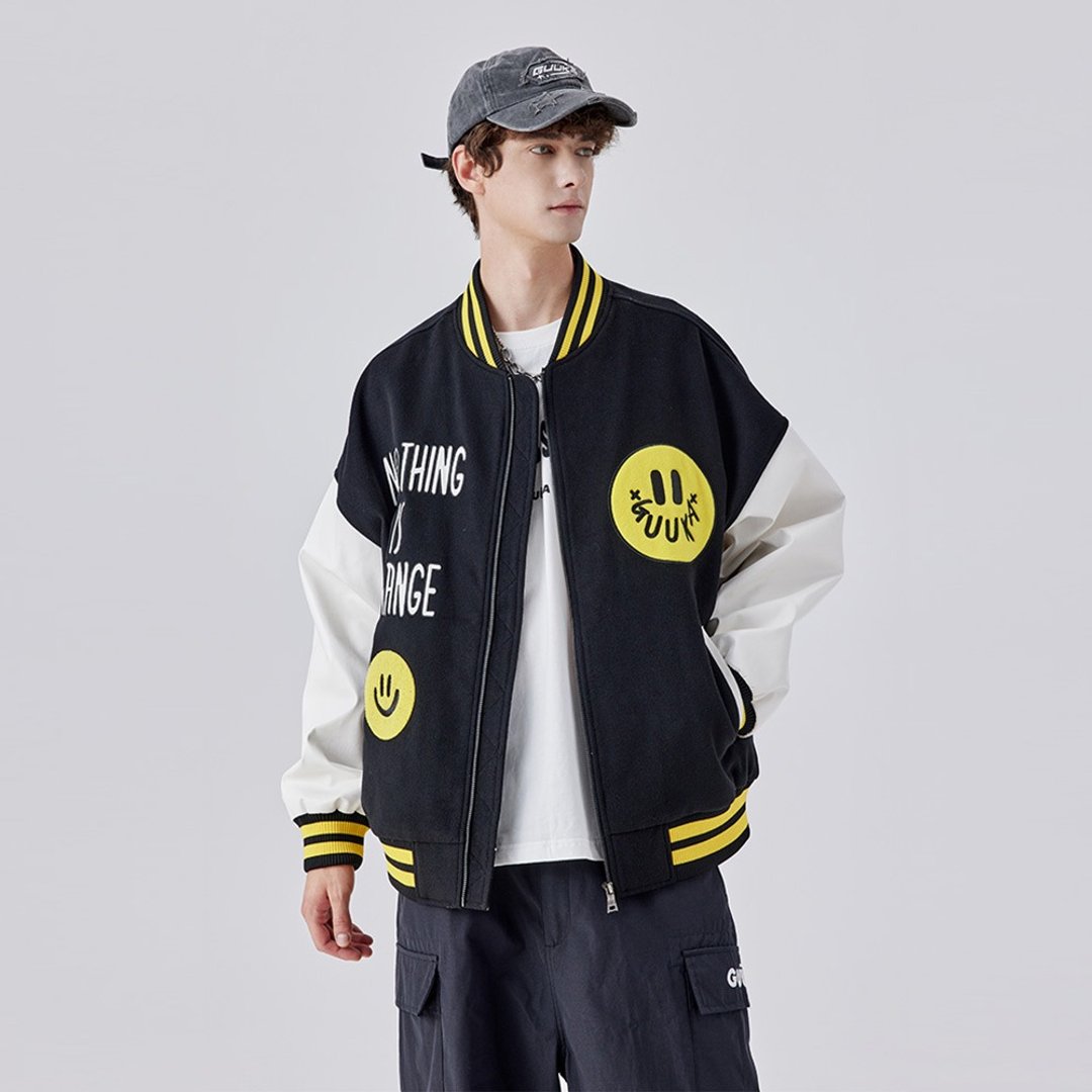 男士棒球服夹克 毛呢拼接PU皮衣外套 - 男装外套 - 其他材质 
