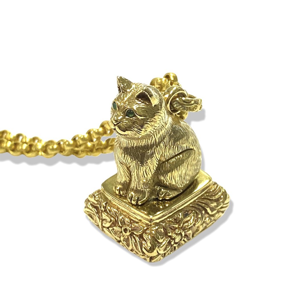 Vintage Pinchbeck Cat Wax Seal / Brass Handle Stamp Letter Fob Pendant + Chain - 印章/印台 - 铜/黄铜 金色