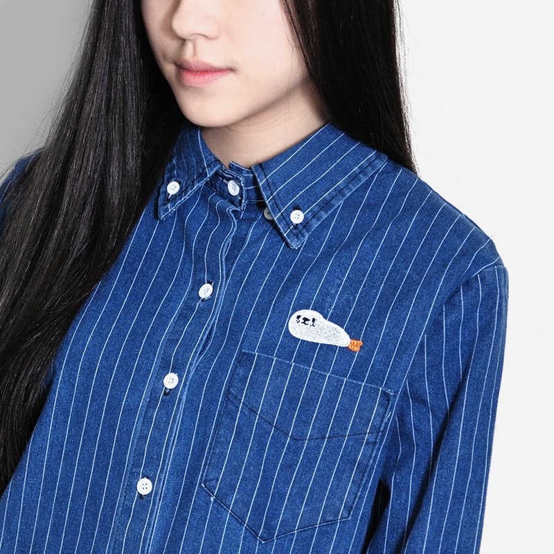 【墨儿推荐】豹豹炸虾．细条绅士厚磅牛仔衬衫 - 女装衬衫 - 棉．麻 蓝色