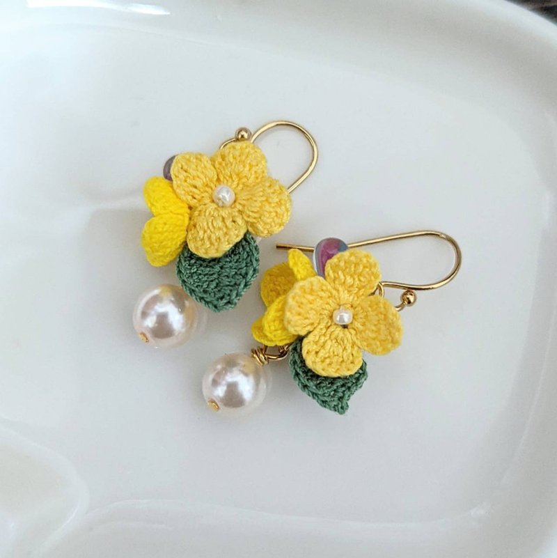 蕾丝钩针编织耳环  油菜花 - 耳环/耳夹 - 其他材质 黄色