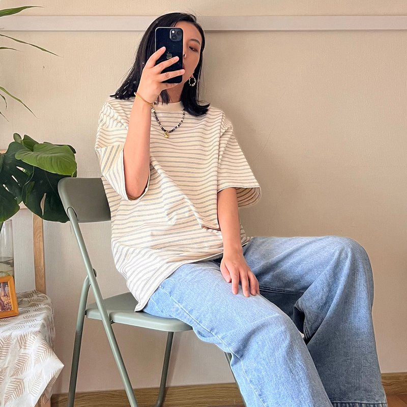 条纹复古重磅宽版 設計 文字T 棉T t恤  日系 短袖 福利清仓 - 男装上衣/T 恤 - 棉．麻 多色