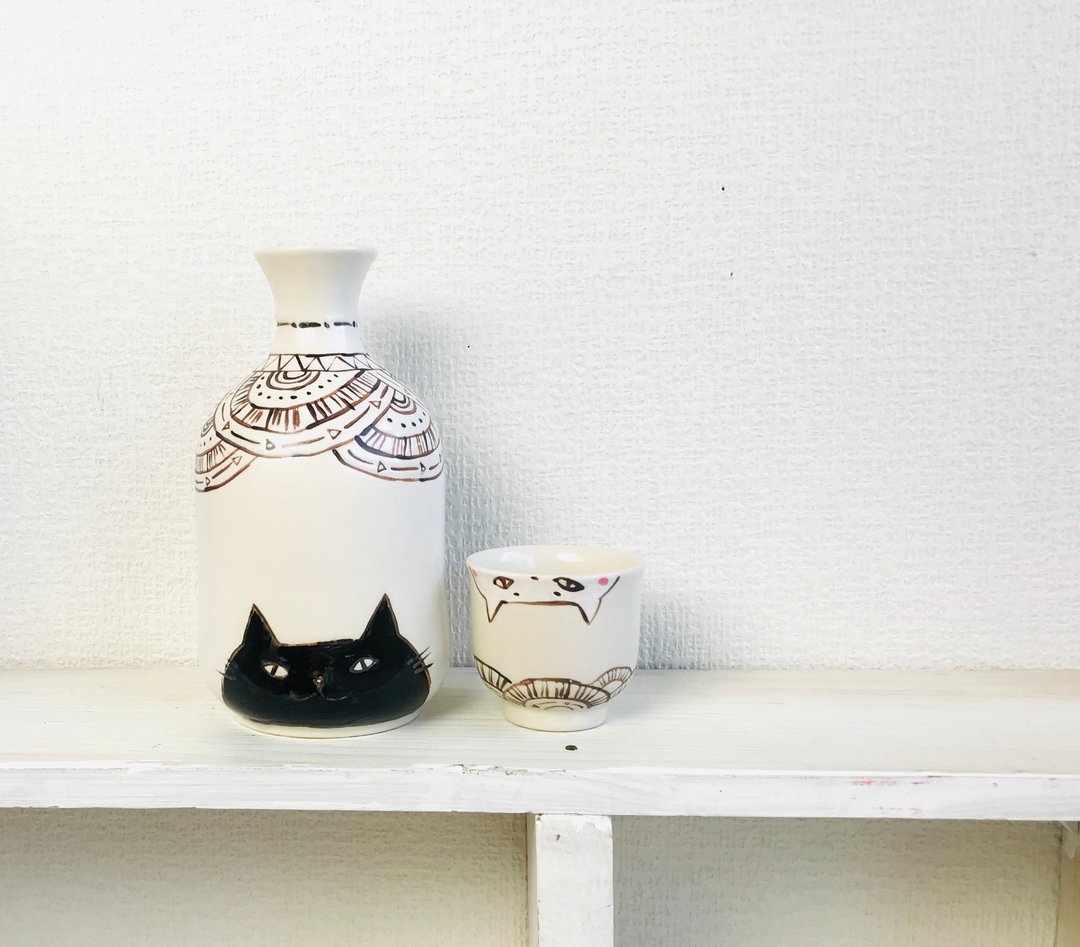1 sake sauce and 1 small cups - 酒杯/酒器 - 陶 蓝色