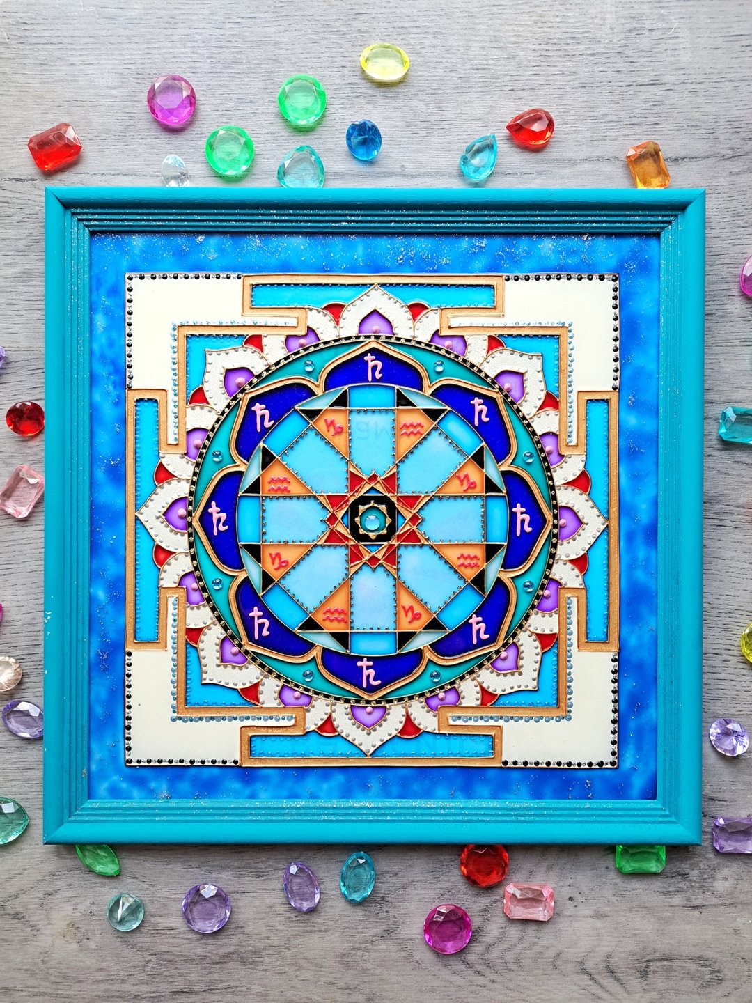 Sri Shani Saturn Yantra手绘彩色玻璃冥想瑜伽治疗装饰 - 墙贴/壁贴 - 玻璃 蓝色