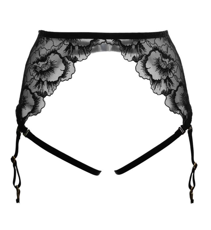 Flower lace garter belt - Sexy lace lingerie - Adjustable straps underwear - 女士内衣裤 - 聚酯纤维 黑色