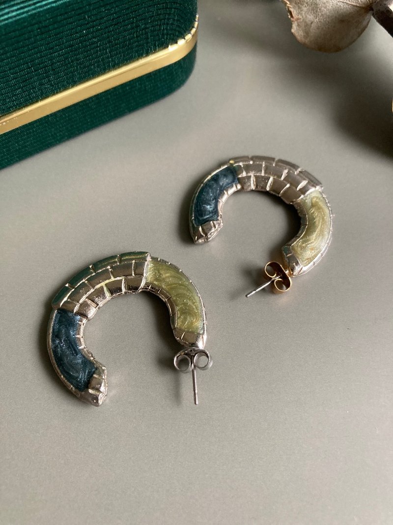 80-90s 气质双色3/4圈型珐琅 耳针耳环 - 耳环/耳夹 - 珐琅 