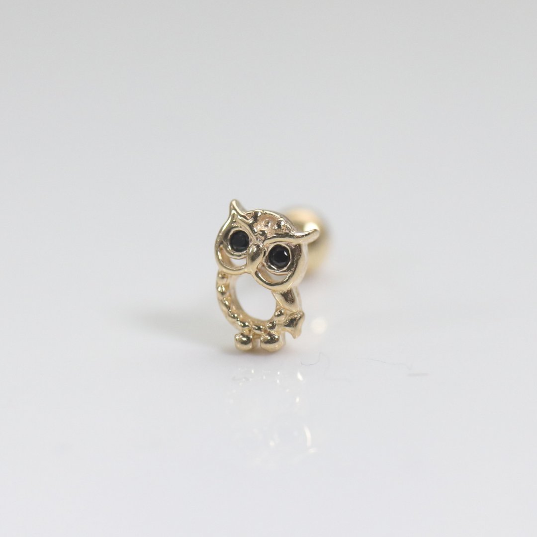 14K 猫头鹰锁珠耳环(单个)耳骨 耳窝 不退色 - 耳环/耳夹 - 贵金属 金色