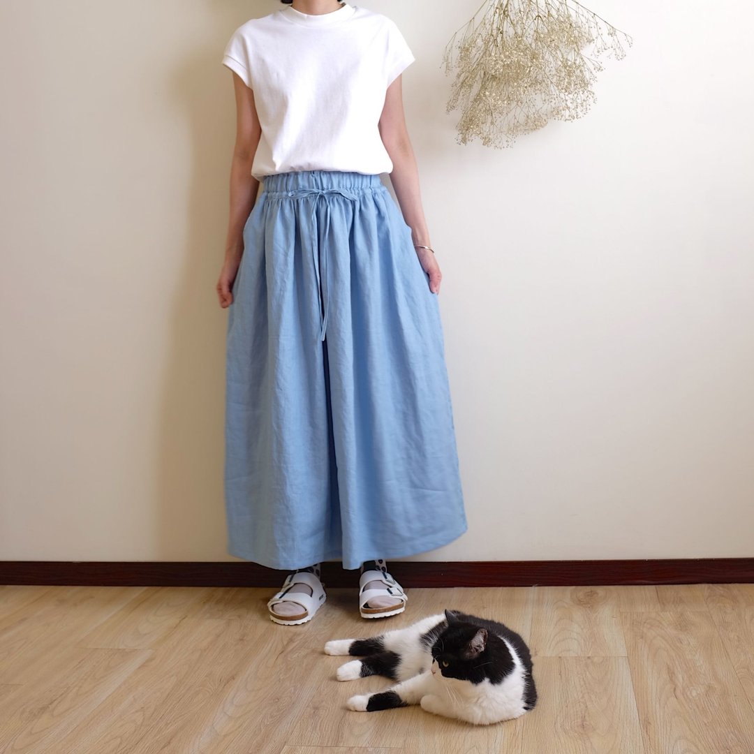 日常手作服 天蓝色绑带皱皱长裙 亚麻 - 裙子 - 棉 蓝色