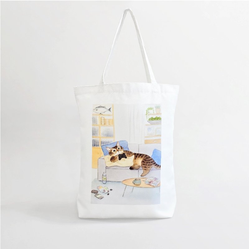 抗皱肩背帆布袋【慵懒猫】 - 侧背包/斜挎包 - 其他人造纤维 白色