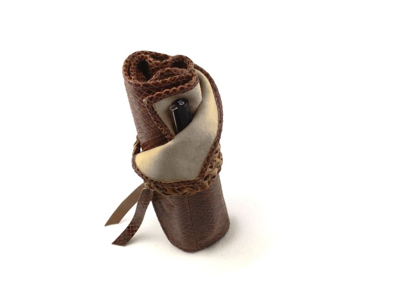 蛇纹羊皮 手缝羊皮钢笔笔卷五只装、笔袋 内外羊皮皮色可挑 定制 - 铅笔盒/笔袋 - 真皮 咖啡色