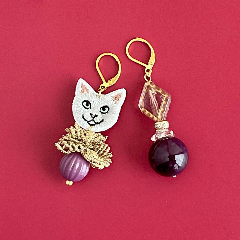 优雅的猫咪阿方斯耳环 - 耳环/耳夹 - 绣线 紫色