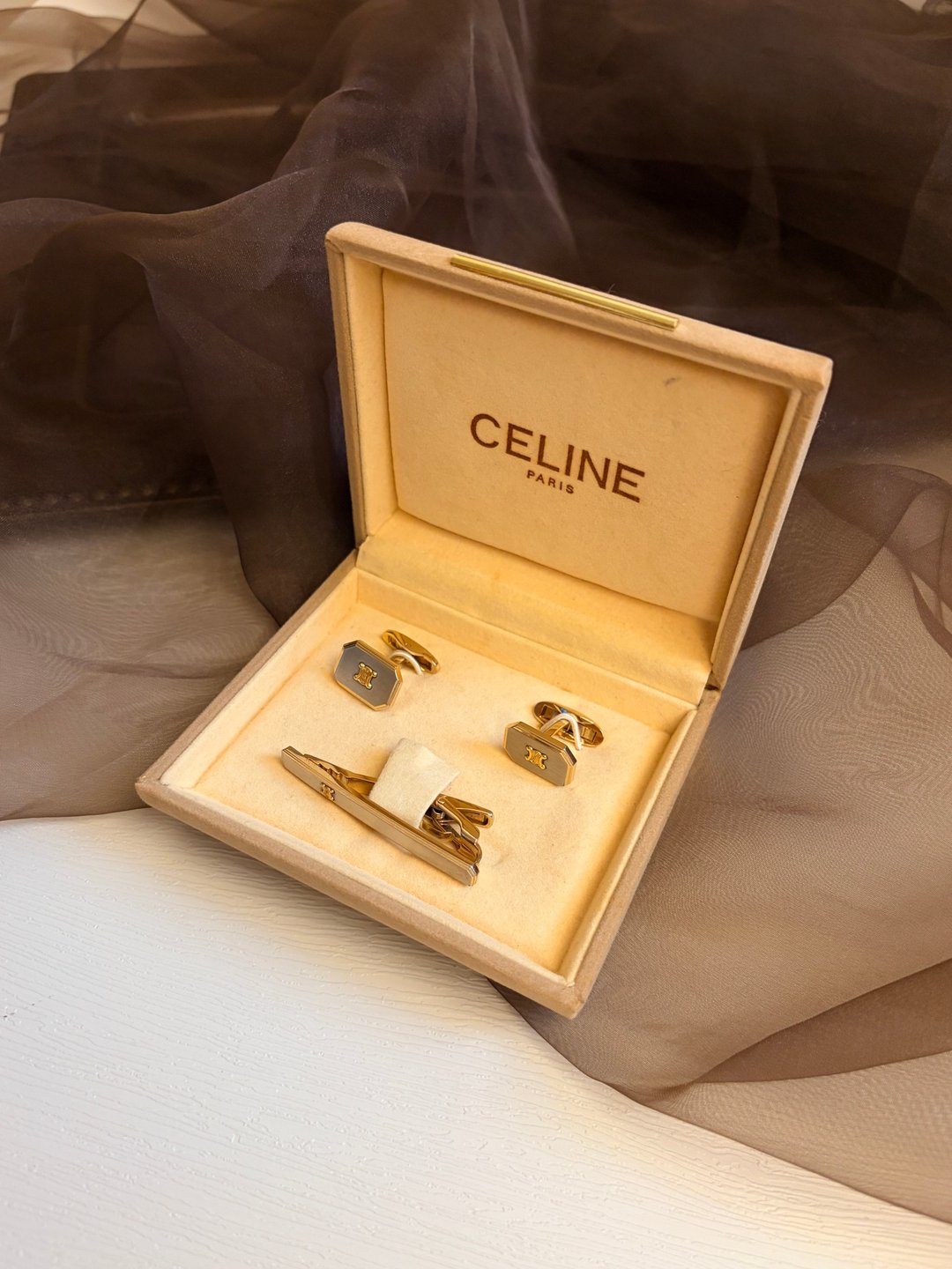 中古正品 Celine 思琳凯旋门金银双色钢制袖扣 袖口钮 领带夹 太夹 - 袖扣 - 不锈钢 银色