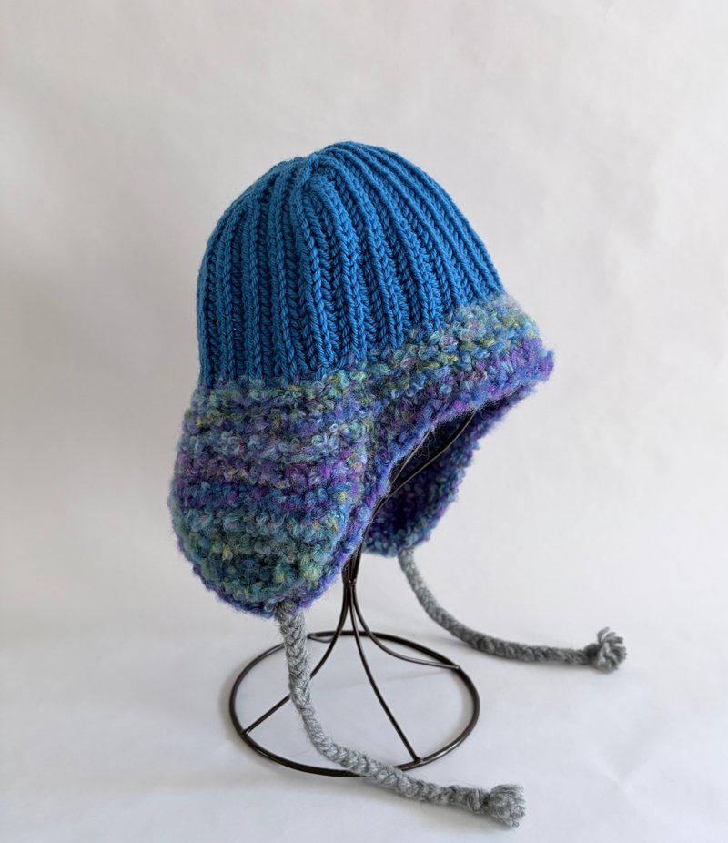 手工编织遮耳帽  蓝紫色调 - 帽子 - 羊毛 