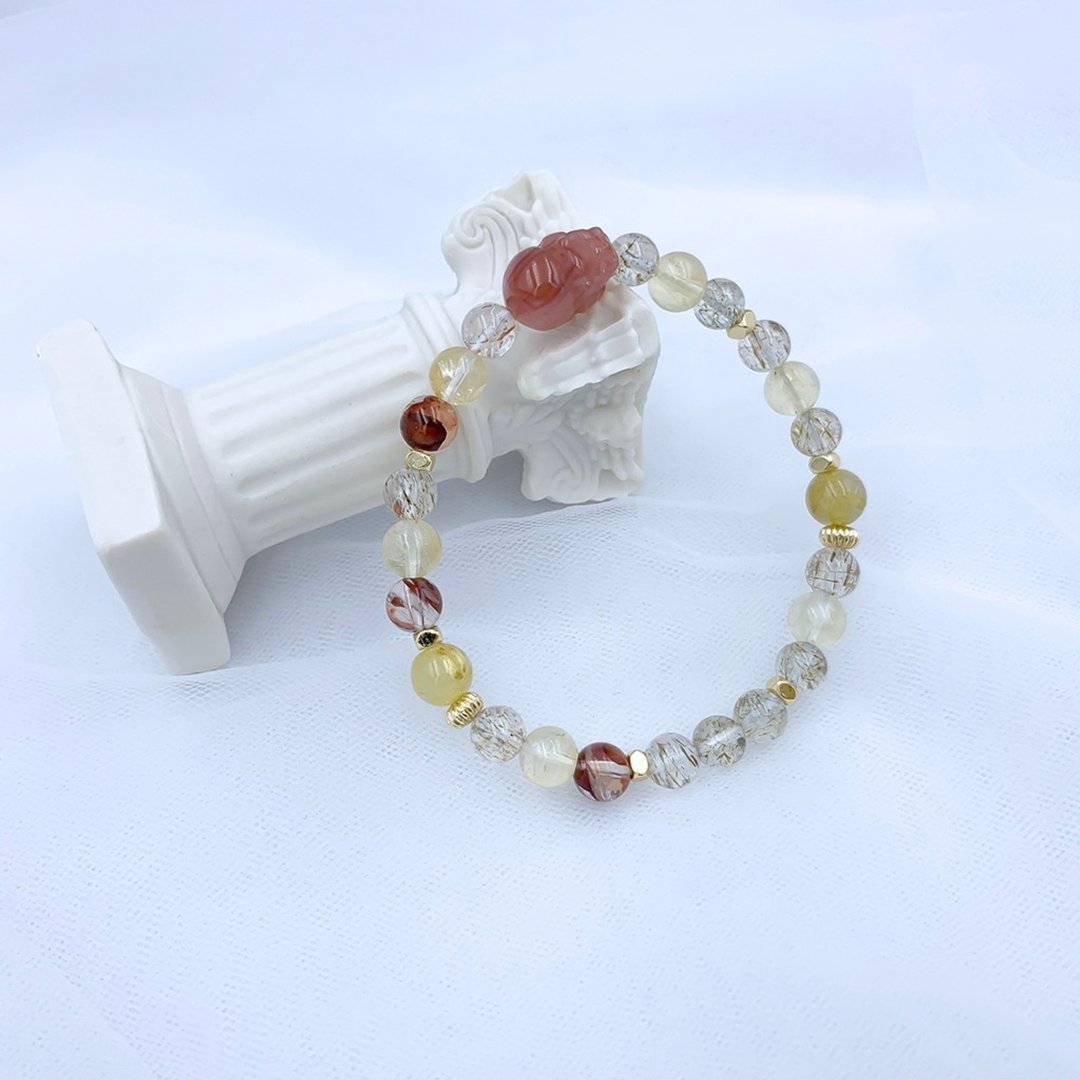 波舞丰年 / 盐源玛瑙 铜发晶 金发晶 红胶花 黄水晶 水晶手链 - 手链/手环 - 其他材质 金色