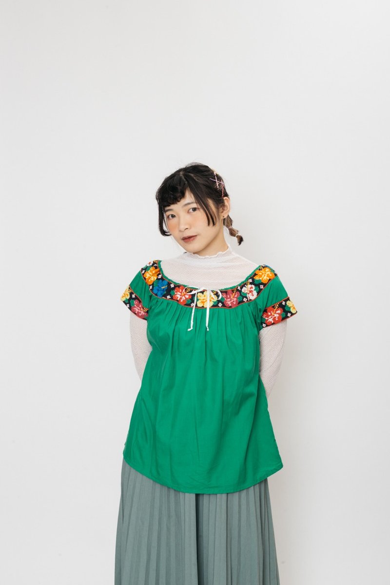 墨西哥刺绣上衣.Mexican Blouse【初恋贩卖所】Vintage.A1068 - 女装衬衫 - 棉．麻 绿色