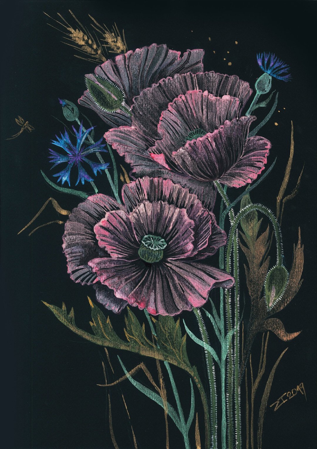 Original watercolor painting Red poppies flowers on black paper 12 by 16 inches - 墙贴/壁贴 - 纸 黑色