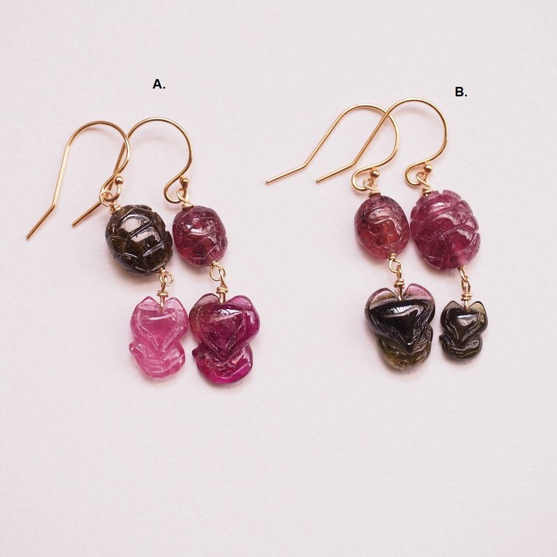 碧玺 雕件 龟 狐狸 电气石 14K包金 14KGF 耳环 十月诞生石 - 耳环/耳夹 - 半宝石 多色